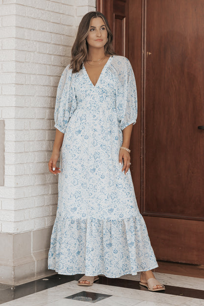 Baby Blue Floral Print Maxi Dress