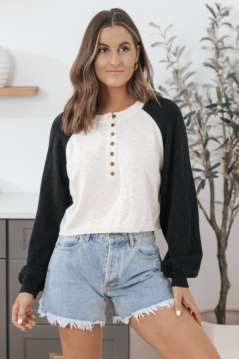 The Holiday Basic Waffle Knit Henley Top - FINAL SALE