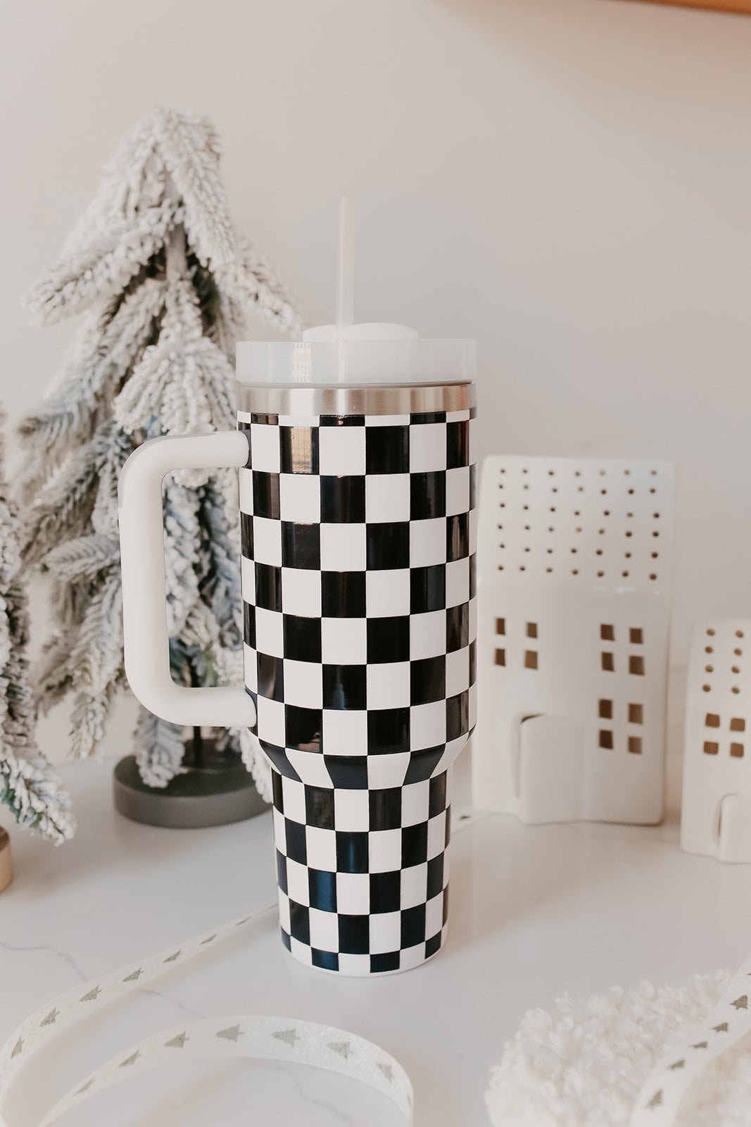 Black Checkered Stainless Steel Tumbler - FINAL SALE