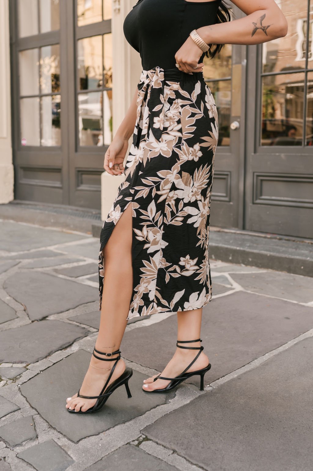 Black Floral Print Slit Midi Skirt - Magnolia Boutique