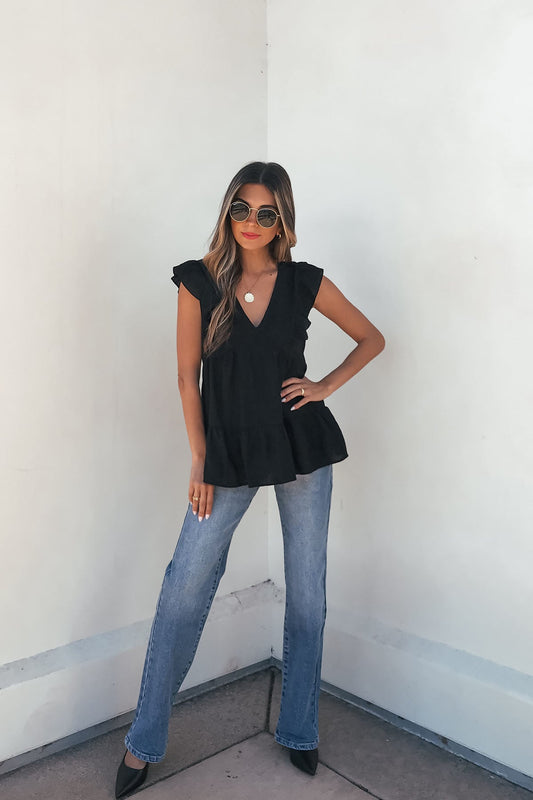 Black Ruffle Sleeve Textured Top - Magnolia Boutique