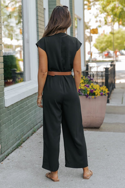Black Short Sleeve Belted Jumpsuit - Magnolia Boutique