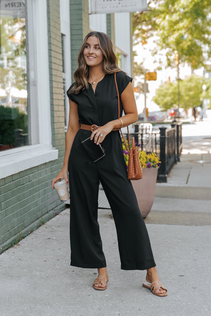 Black Short Sleeve Belted Jumpsuit - Magnolia Boutique