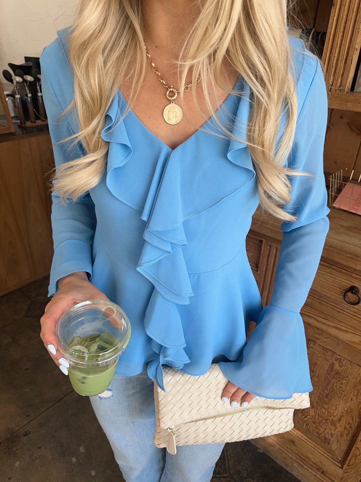 Blue Coastal Charm Ruffle Detail Blouse - Magnolia Boutique