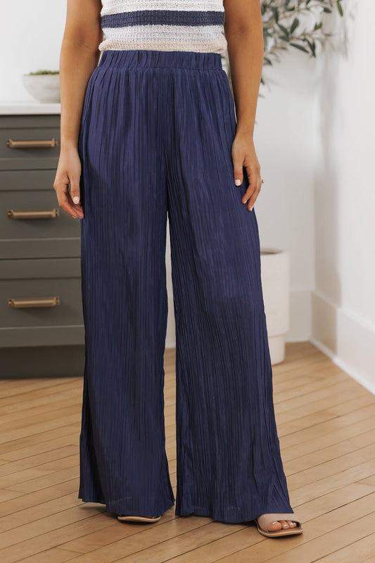 Blue Pleated Elastic Waist Pants - Magnolia Boutique