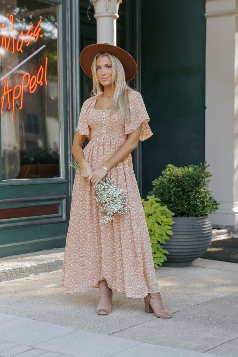 Boho Print Smocked Maxi Dress Clay Magnolia Boutique