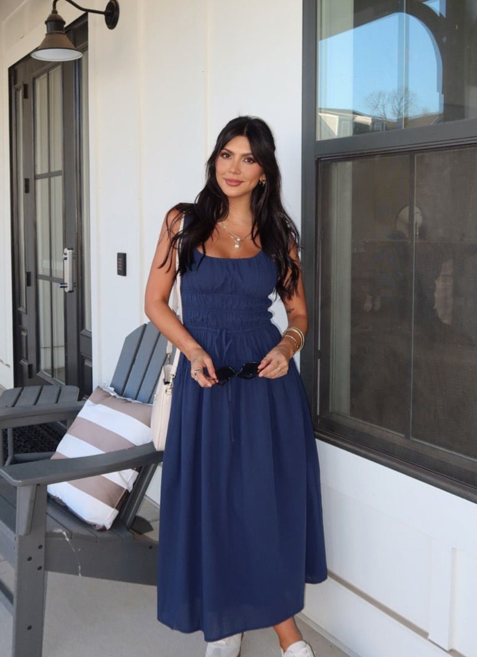 knee length dresses for ladies Bridget Navy Smocked Midi Dress