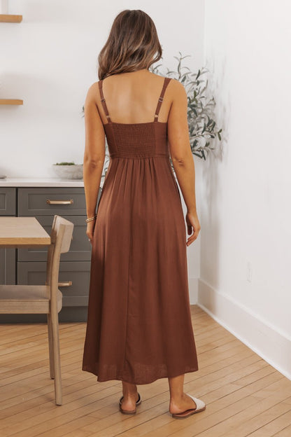 Brown V Neck Linen Midi Dress - Magnolia Boutique