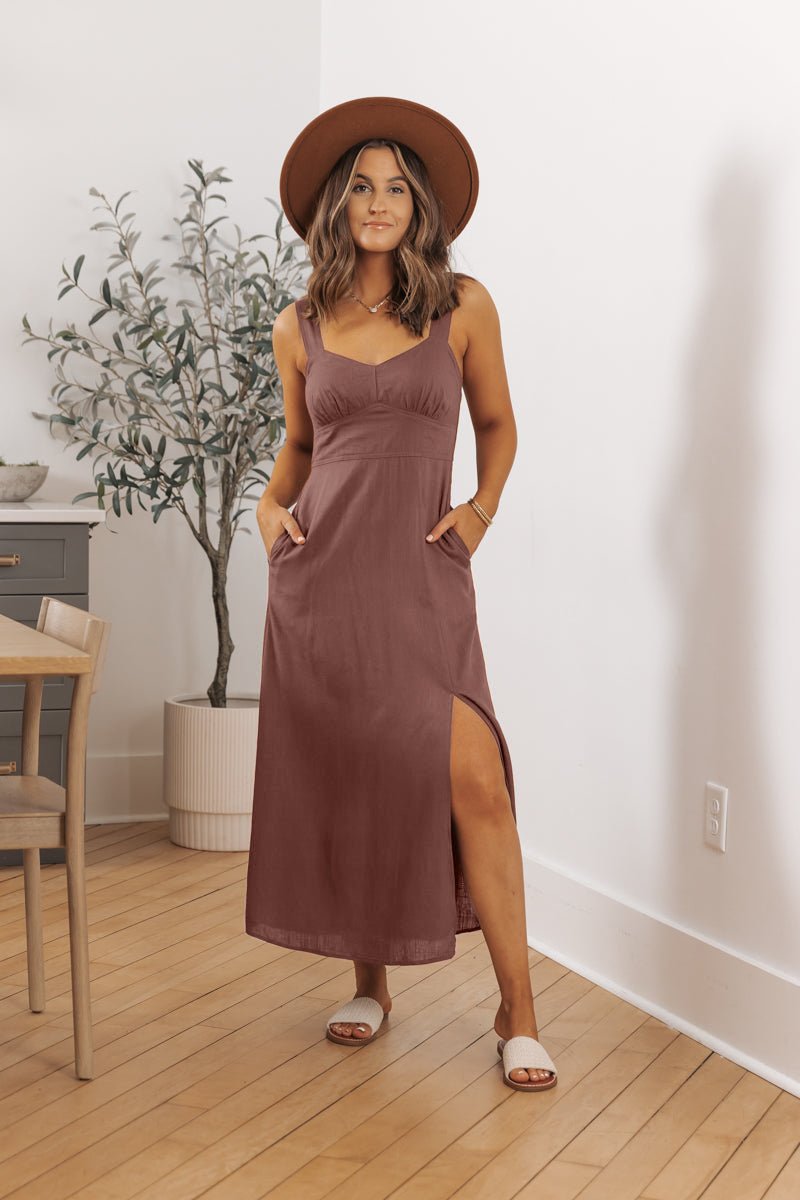 Deep Mauve V Neck Linen Midi Dress Deep Mauve V Neck Linen Midi Dress