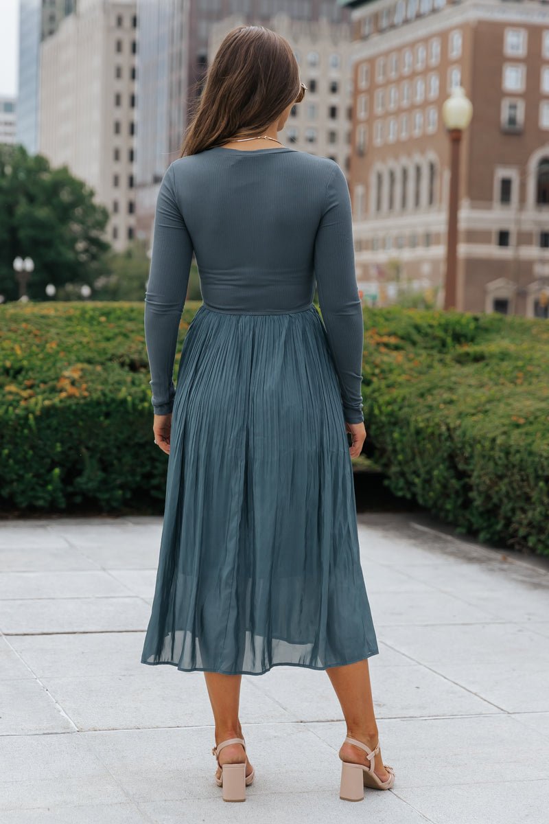 Dark Teal Contrast Pleated Midi Dress - Magnolia Boutique