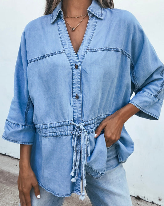 Waist Tie Half Sleeve Top - Denim in light wash blue chambray with half sleeves and a drawstring waist tie.
