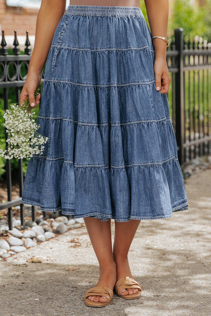 Free People Chambray In Full Swing Midi Skirt - Magnolia Boutique