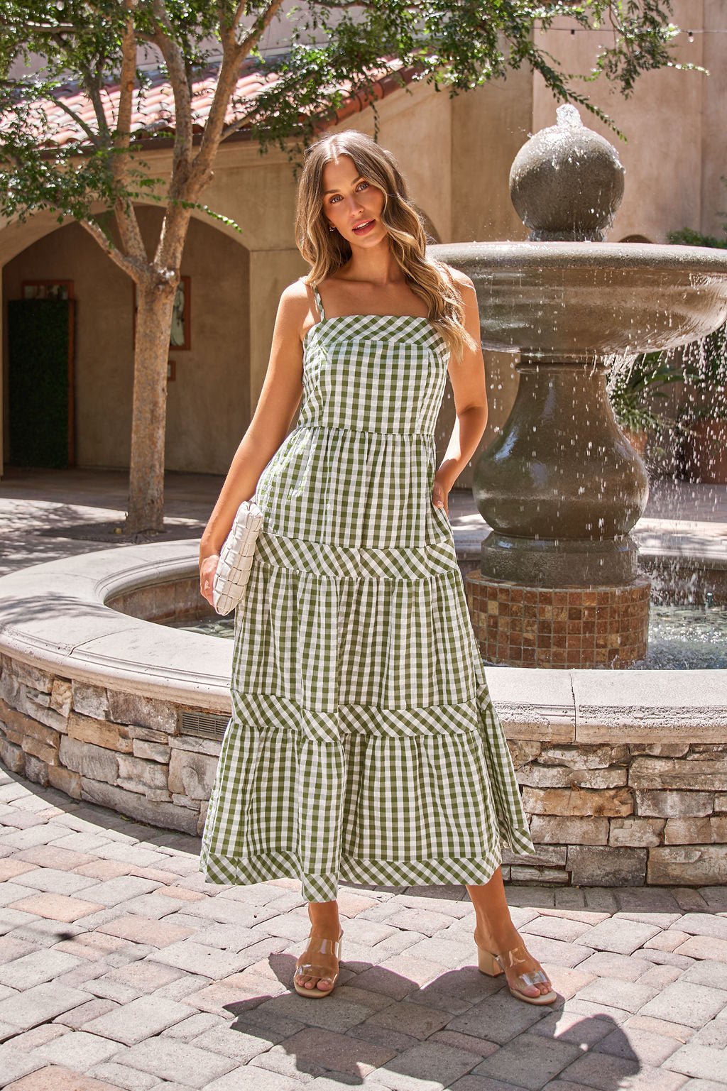 Gingham Smocked Midi Dress - Olive Small | Women's Online Boutique | Boho Chic Style