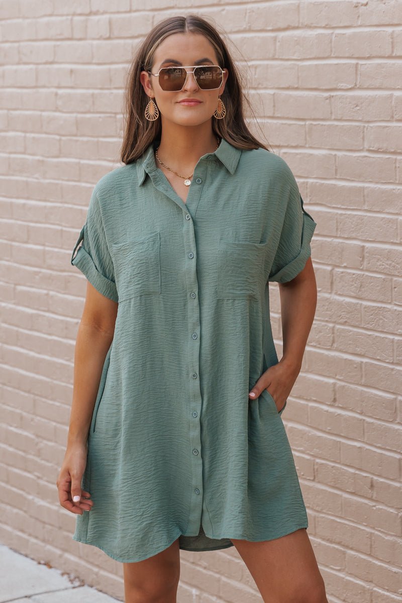 Green Button Up Shirt Dress Doorbuster Small Women s Online Boutique Boho Chic Style Magnolia Boutique