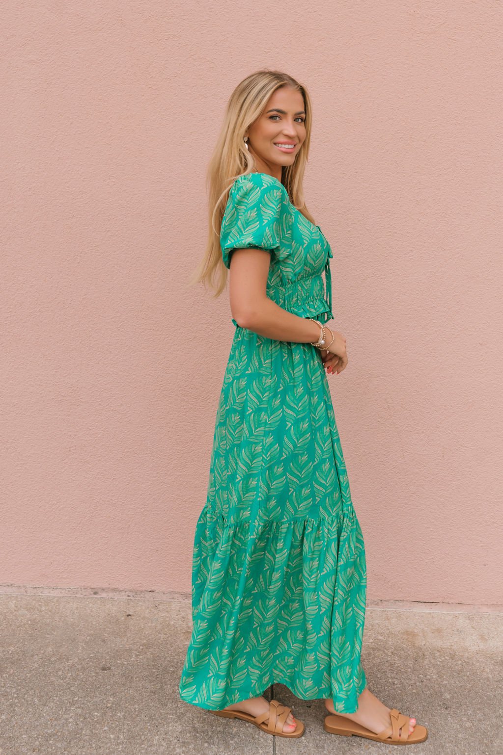 Green Print Puff Sleeve Tiered Maxi Dress - Magnolia Boutique
