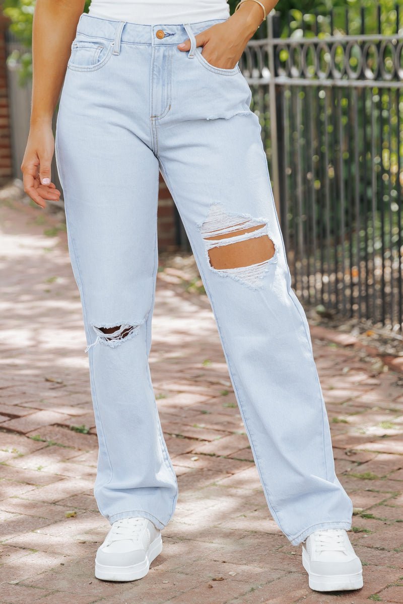 Light Wash Distressed Straight Leg Jeans