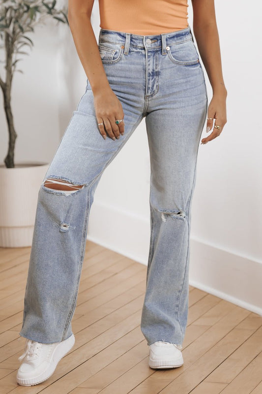 Medium Light Wash Distressed Straight Leg Jeans - Magnolia Boutique
