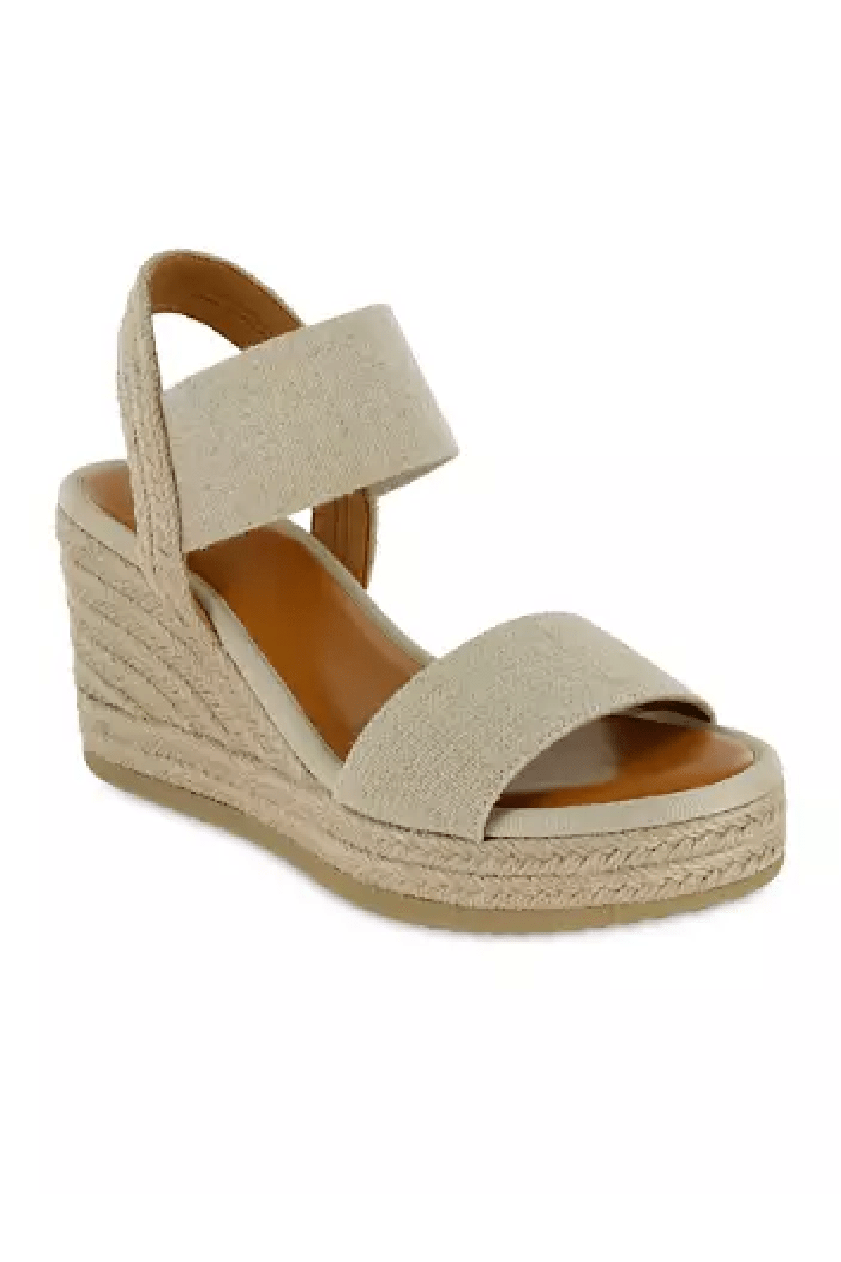 MIA Brittni Natural Wedge Espadrille Sandals feature two wide fabric straps, a padded footbed, and a jute-wrapped platform heel.