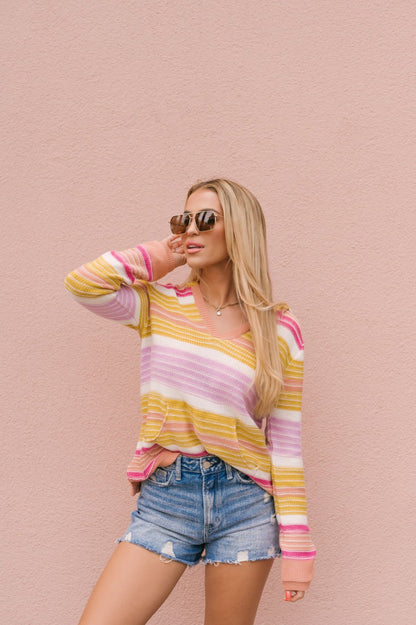 Multi Striped V Neck Hoodie Sweater - Magnolia Boutique