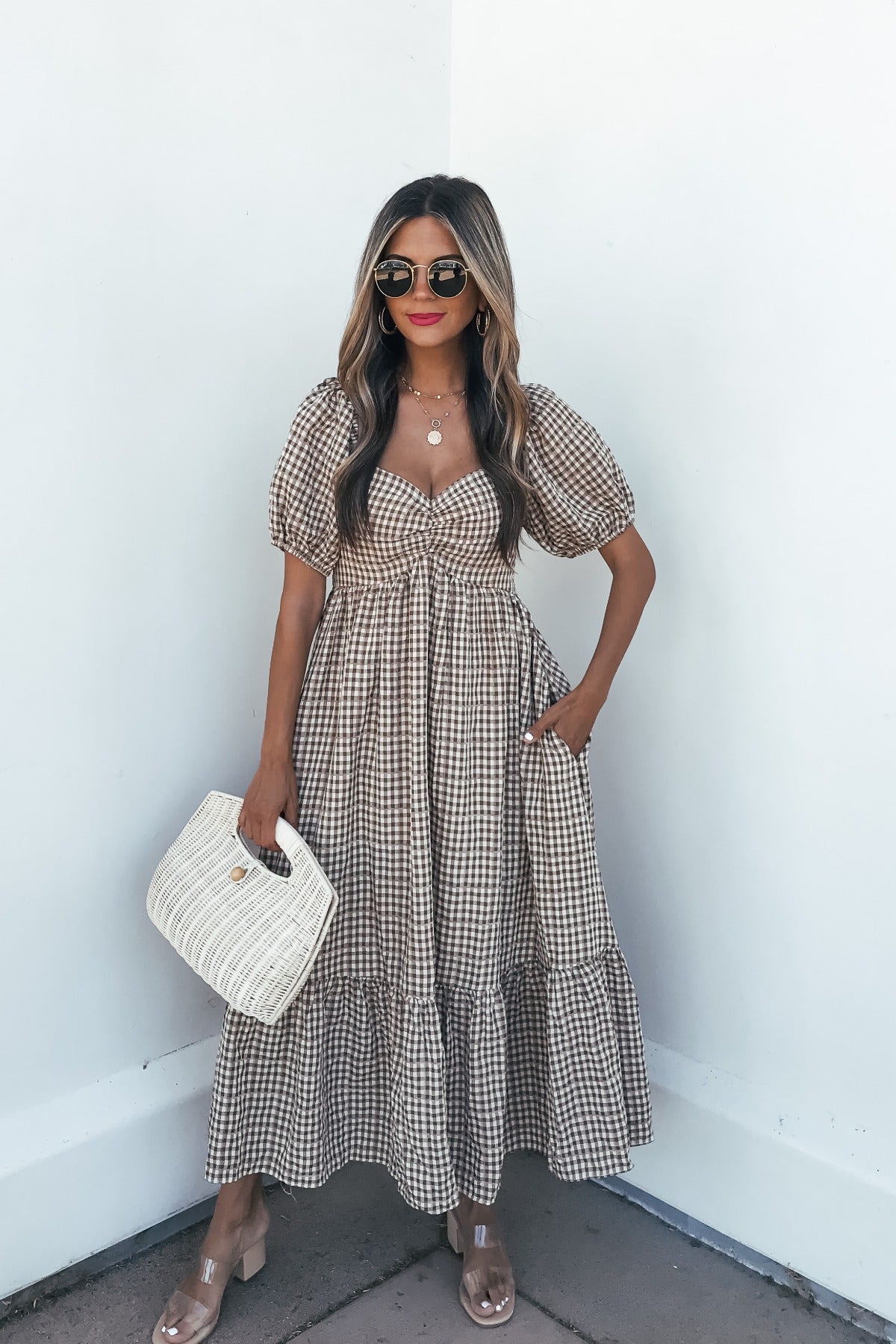 Picnic Plaid Smock Midi Dress - Mocha Small | Women's Online Boutique | Boho Chic Style