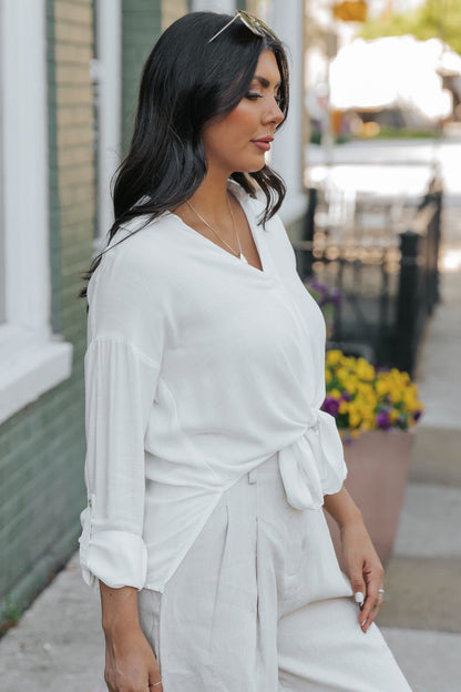 Relaxed V Neck Tie-Front Shirt - Magnolia Boutique