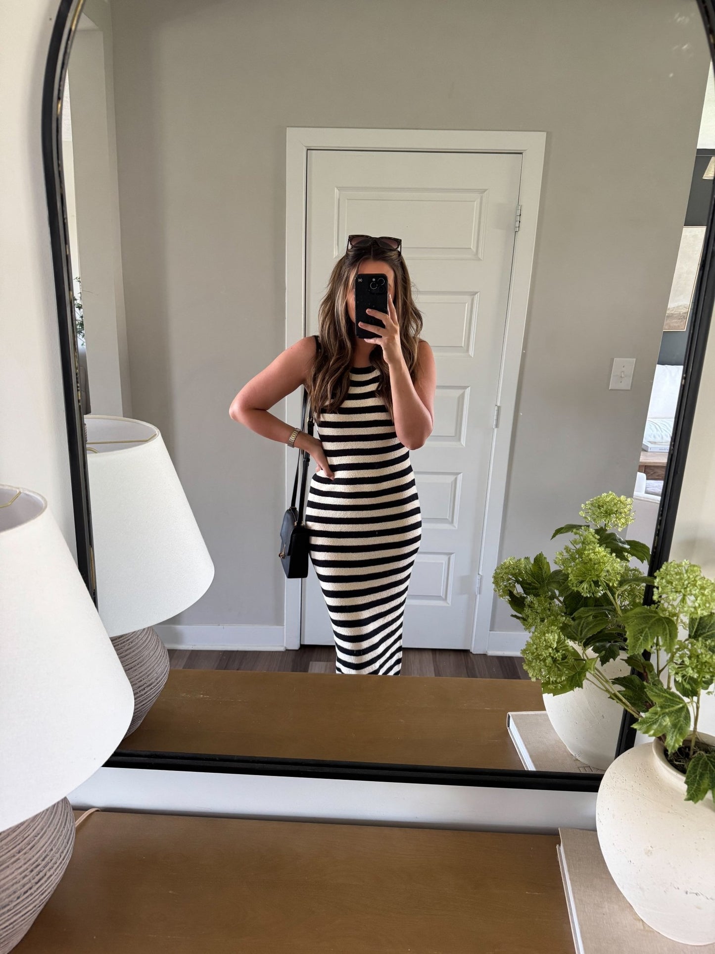 Sleeveless Black and Beige Striped Midi Dress - Magnolia Boutique