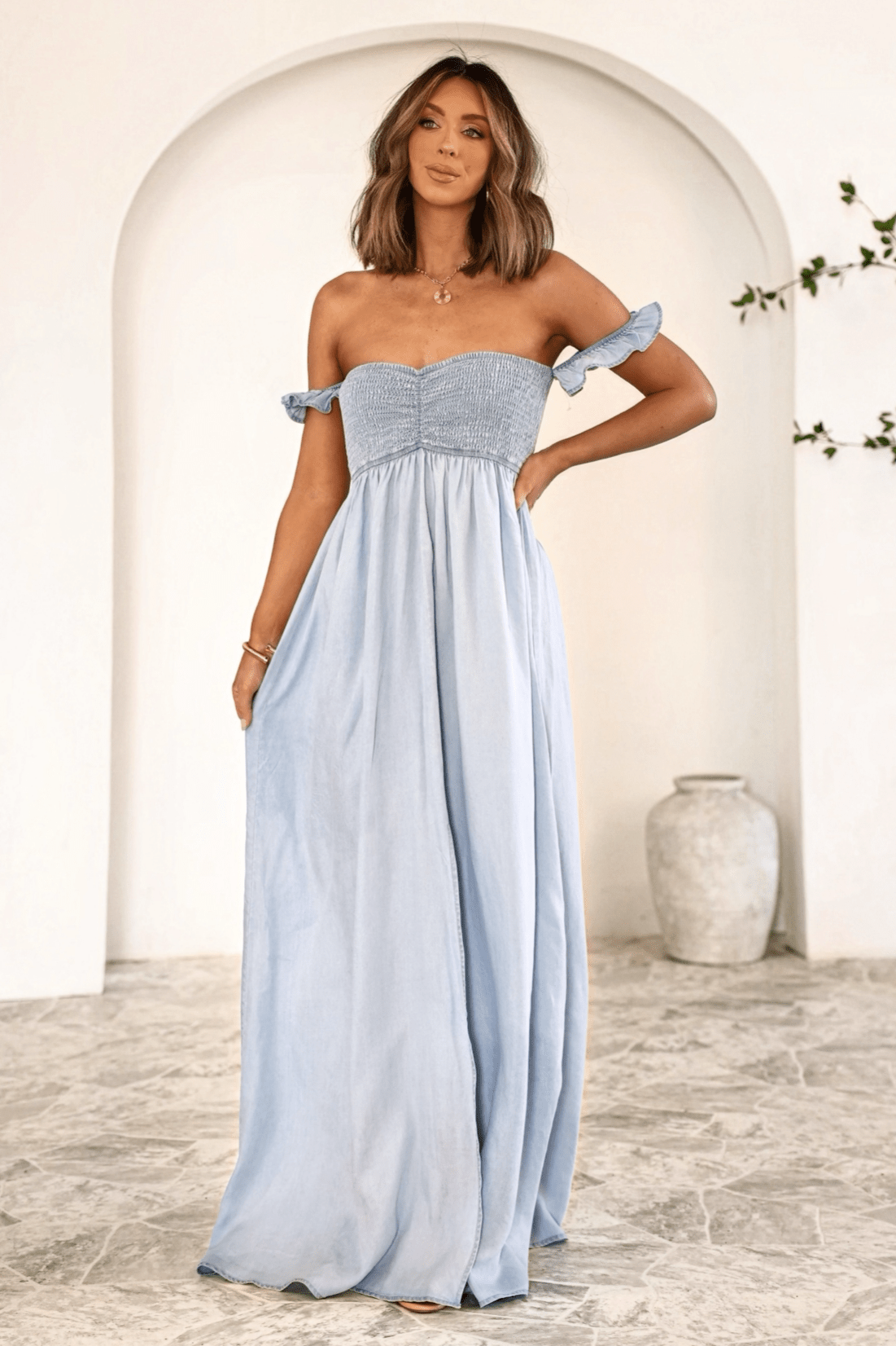 Smocked Off Shoulder Maxi Dress | Light Chambray Style Small | Women's Online Boutique | Boho Chic Style | Magnolia Boutique Smocked Off Shoulder Maxi Dress | Light Chambray Style Small | Women's Online Boutique | Boho Chic Style | Magnolia Boutique