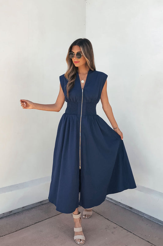 Solid Zip Up Front Midi Dress - Navy - Magnolia Boutique