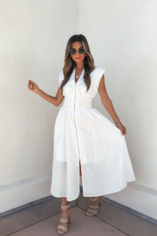 Solid Zip Up Front Midi Dress - White - Magnolia Boutique