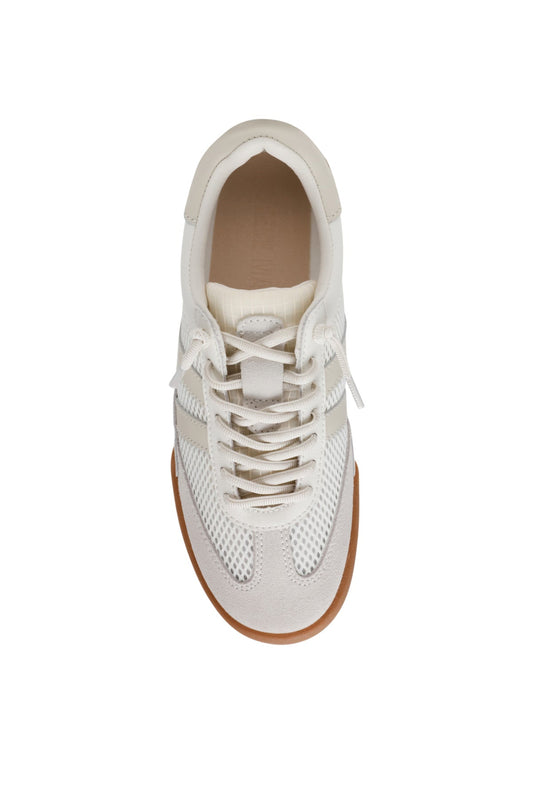 Top view of Steve Madden Verdict White Sneakers—casual shoes with mesh, suede accents, and a light brown rubber sole.