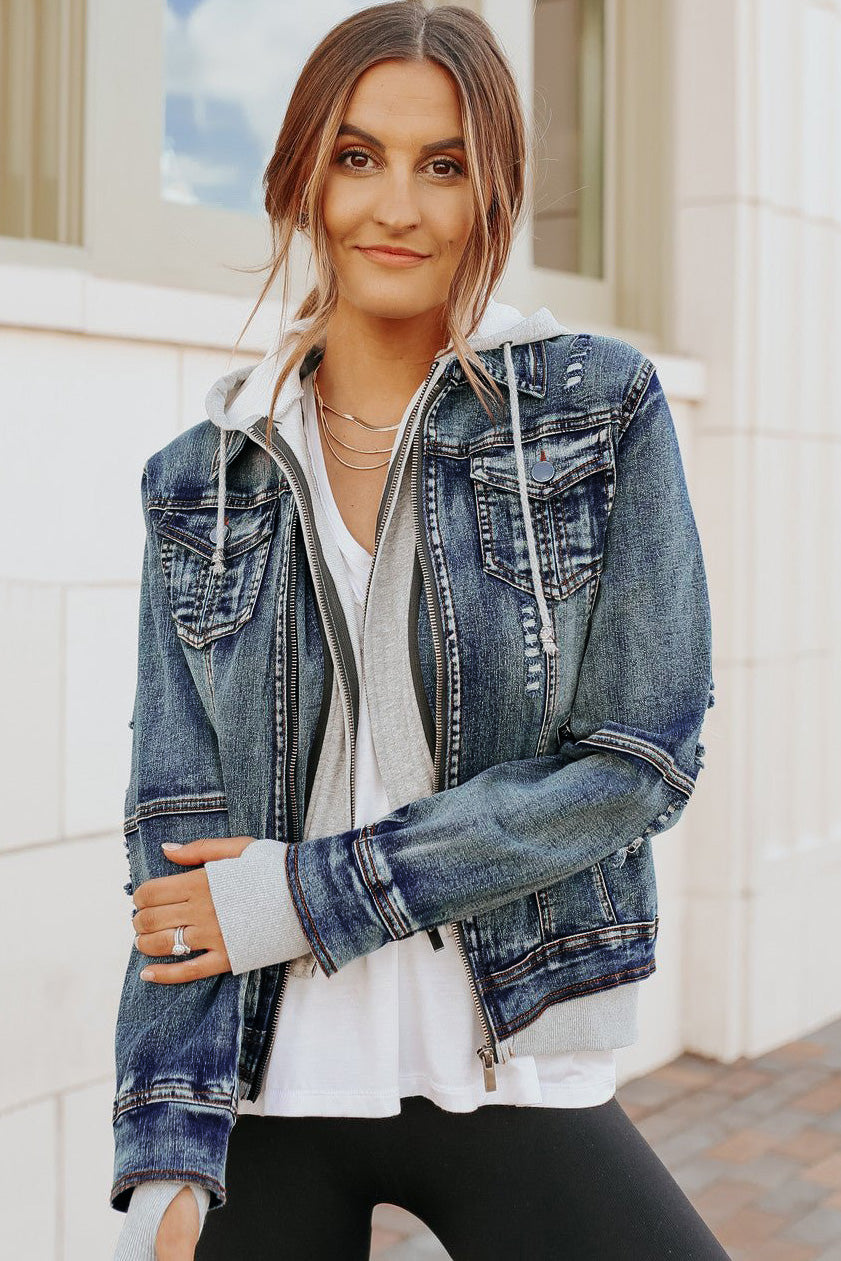 Long jean jacket with hoodie online