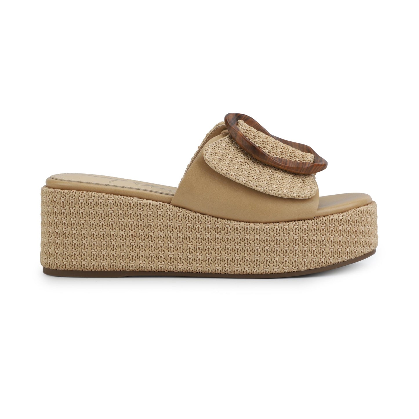 Vintage Havana Janette Camel Platform Sandals feature a woven sole, wide strap, and bold tortoiseshell buckle accent.