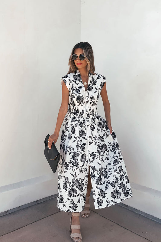 White and Black Floral Print Smocked Midi Dress - Magnolia Boutique