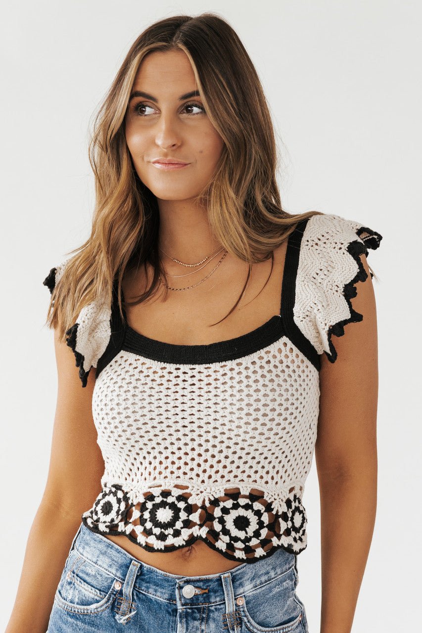 Black & White Flutter Sleeve Crochet Tank Top Magnolia Boutique