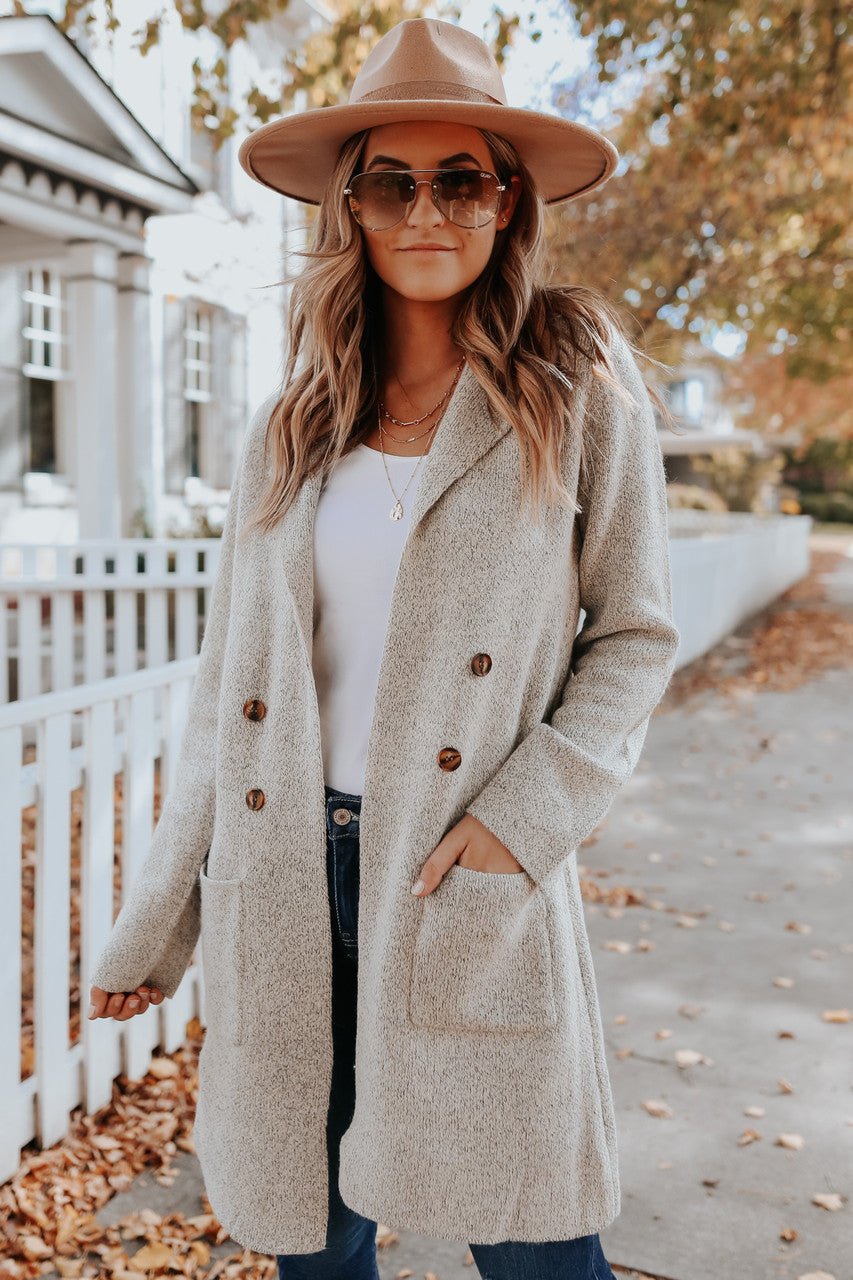 Heathered Oatmeal Double Breasted Knit Coat