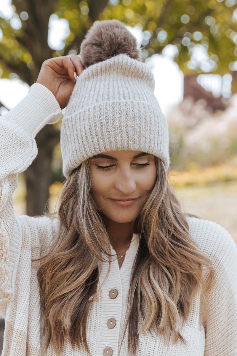 Cozy Khaki Ribbed Pom Pom Beanie - Magnolia Boutique