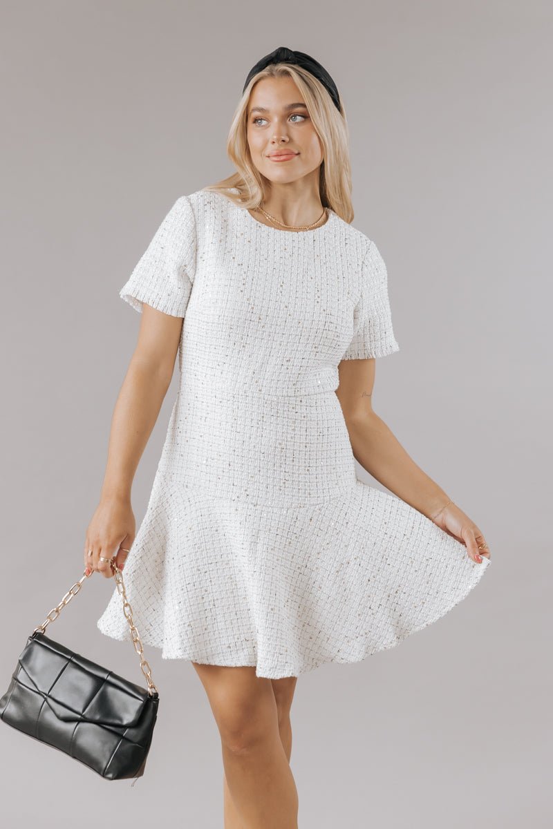 Magnolia Boutique Cream Sequin Tweed Mini Dress, Large