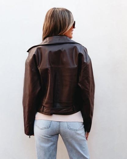Dark Brown Leather Biker Jacket - Magnolia Boutique