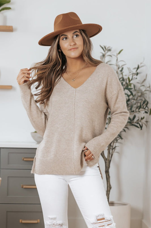 Oatmeal Seam Detail V Neck Sweater - Magnolia Boutique