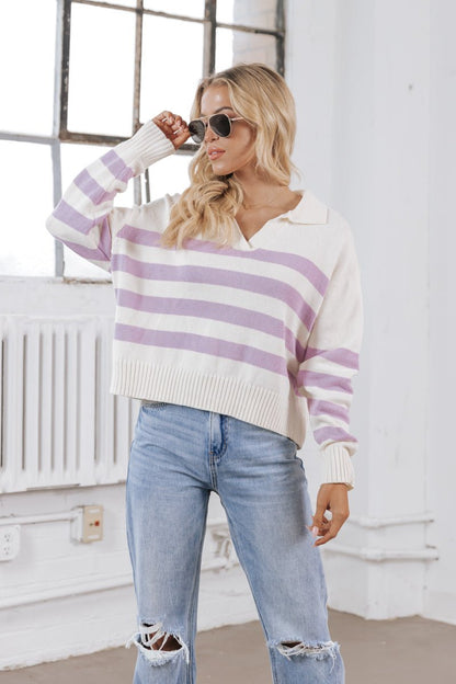 Purple Stripe Collared V Neck Sweater - Magnolia Boutique