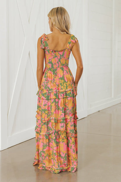 Sage Floral Print Smock Tiered Maxi Dress - Magnolia Boutique