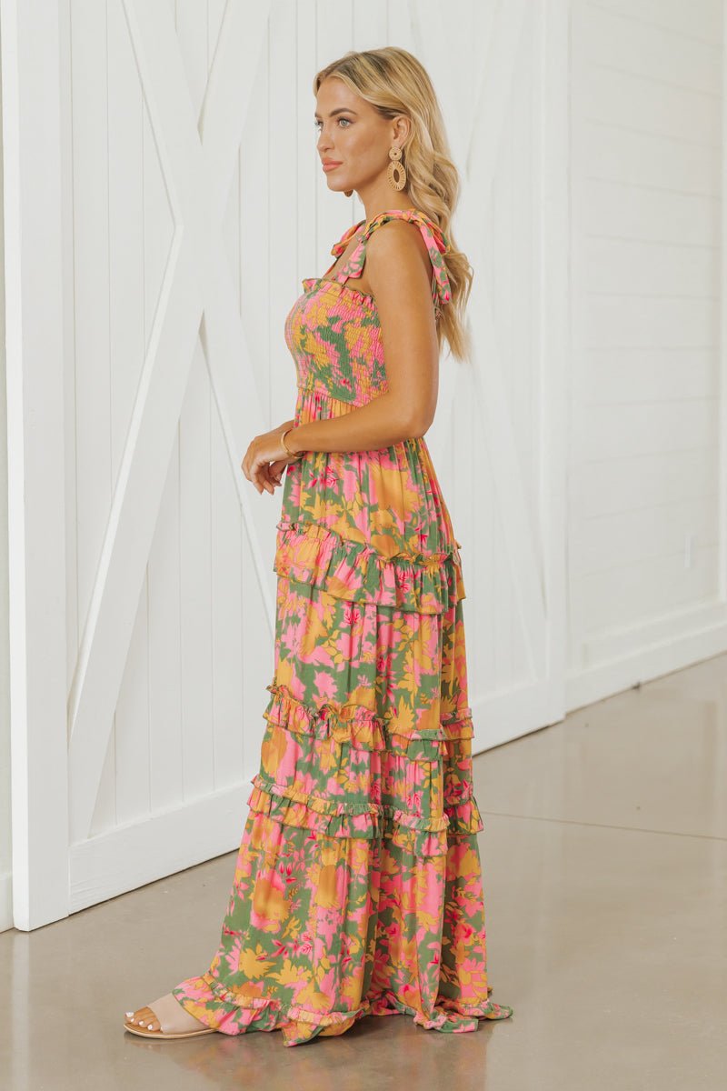 Sage Floral Print Smock Tiered Maxi Dress - Magnolia Boutique