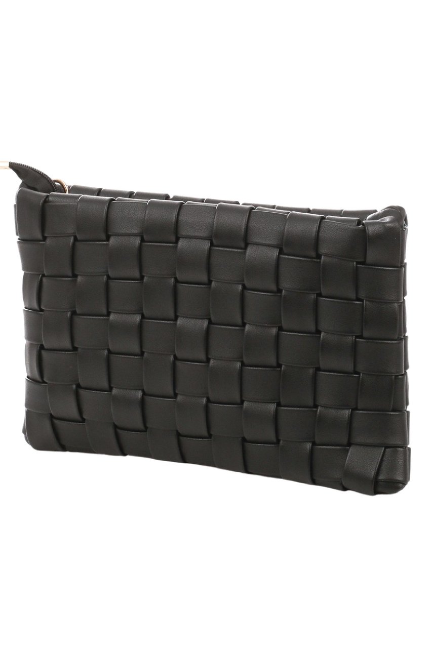 The Valentina Black Vegan Leather Woven Clutch features a basket-like pattern and a side zipper.