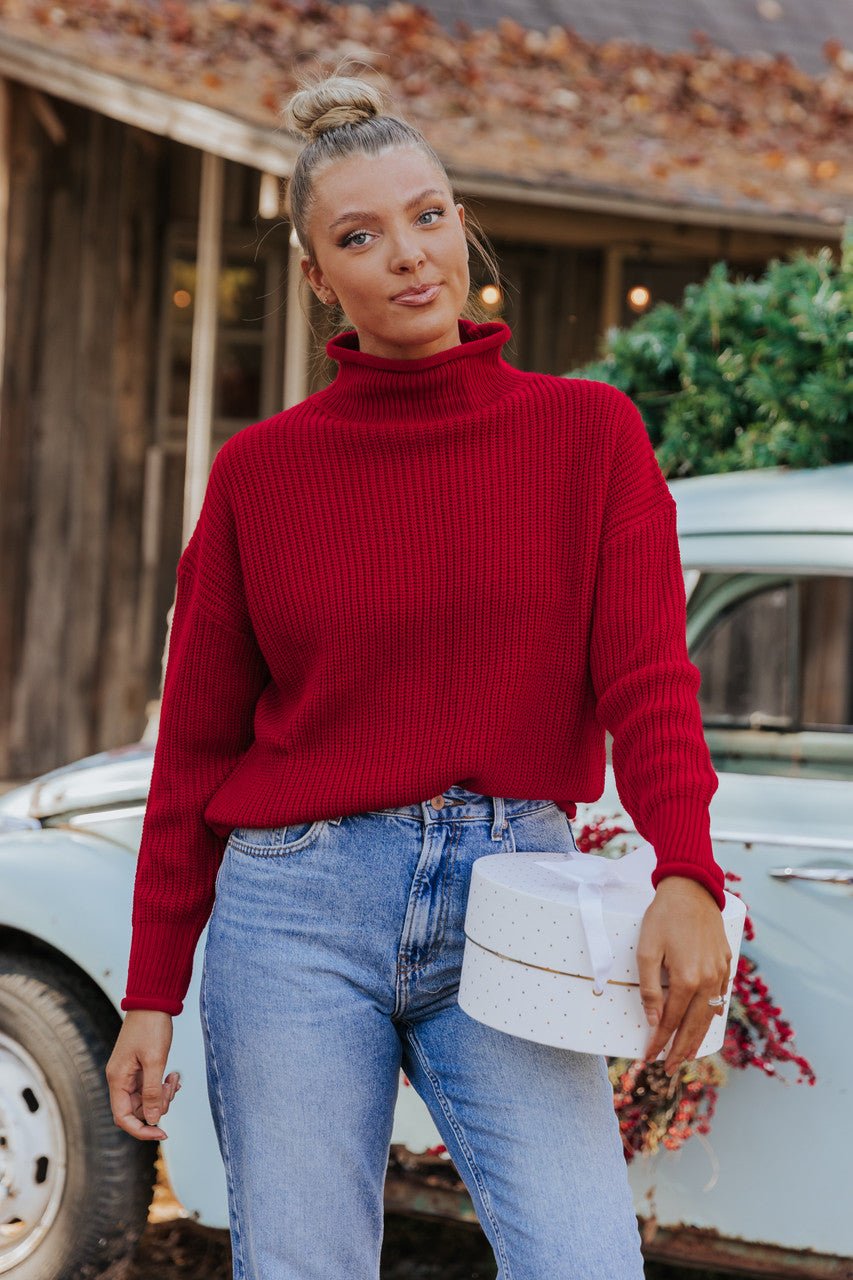 Cable Knit Sweater Red Turtleneck Cropped Sweater High Neck Mock