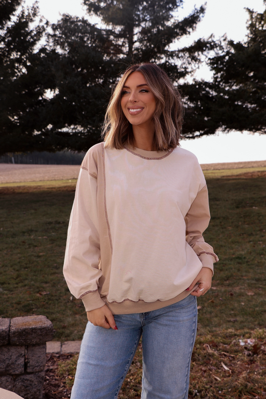 Cream Color Block Stitch Detail Sweatshirt