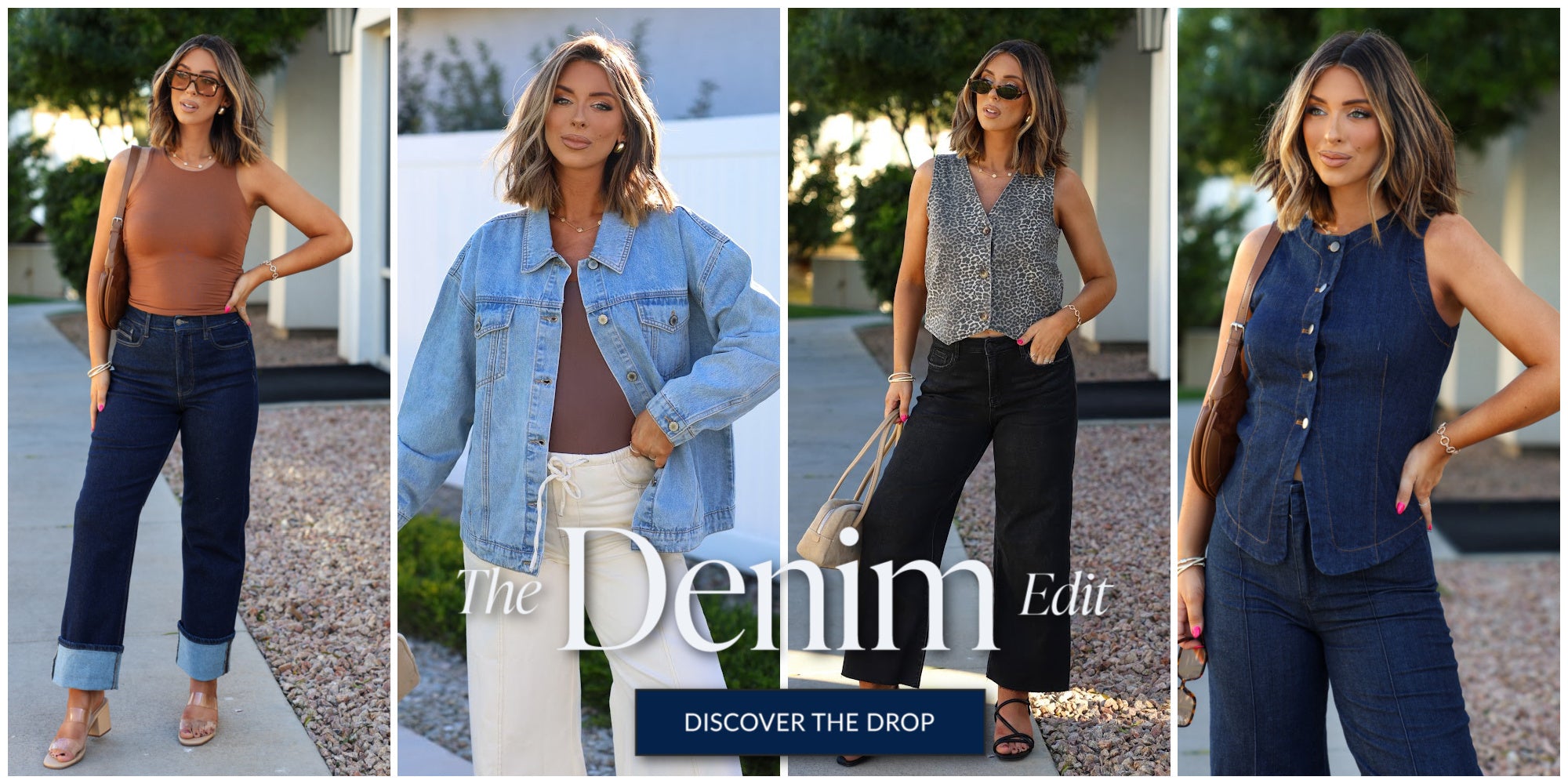 Four women modeling denim outfits with a 'Denim Edit' promotional text overlay.