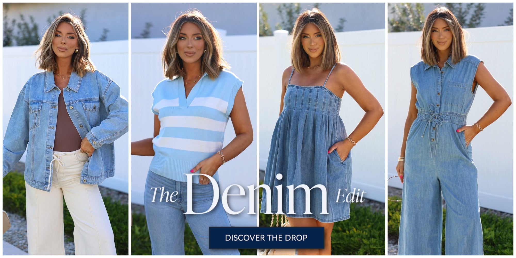 Four women wearing denim outfits with the text 'The Denim Edit' displayed.