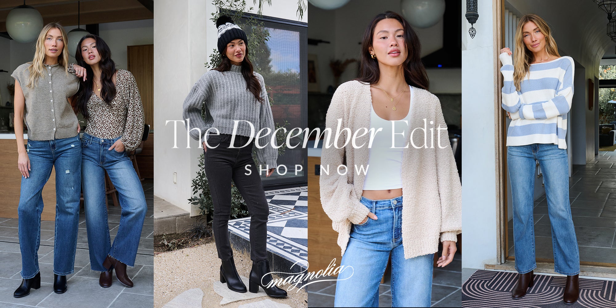 Five women wearing winter clothing with 'The December Edit' text overlay.