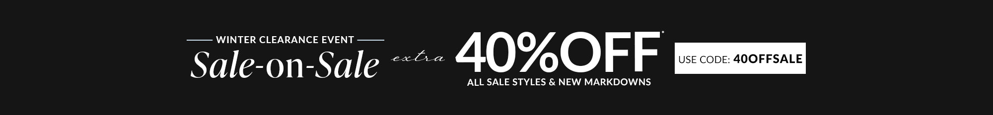 Winter clearance event sale banner with 40% off discount on a black background