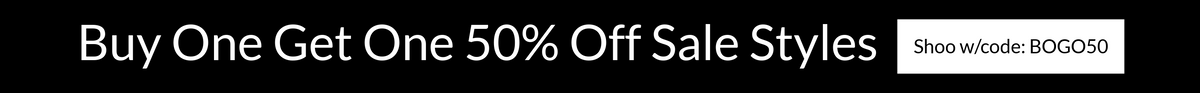 A promotional banner with a black background and white text reading 'Buy One Get One 50% Off Sale Styles' with a small 'Show a code: BOGO50' link on the right.